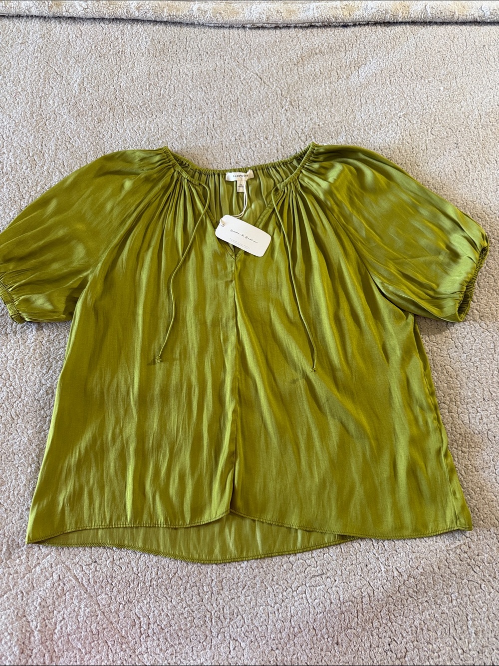 Grade & Gather Gathered Neck Short Sleeve Blouse in Olive Green Medium
